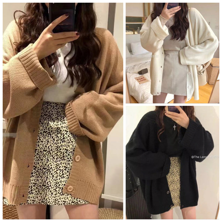 Casual knitted cardigan for women with voluminous sleeves and a chic button placket