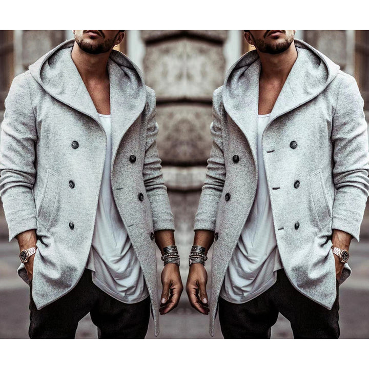 Elegant men's hoodie coat with double row of buttons and wide collar Lune London