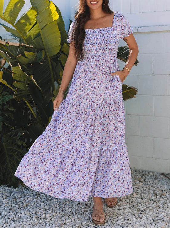 Maxi dress for women with nostalgic floral pattern and elastic top Lune London