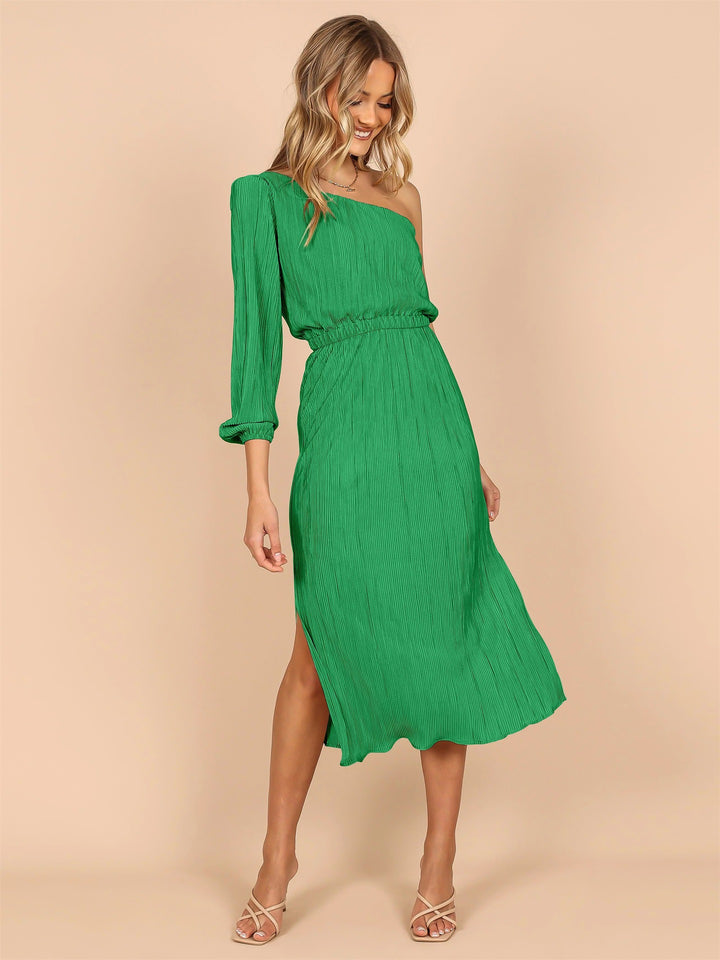 Asymmetrical pleated dress for women with waist belt Lune London