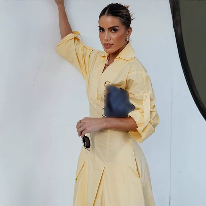 Shirt dress for ladies with an elegant V neckline and wide sleeves Lune London