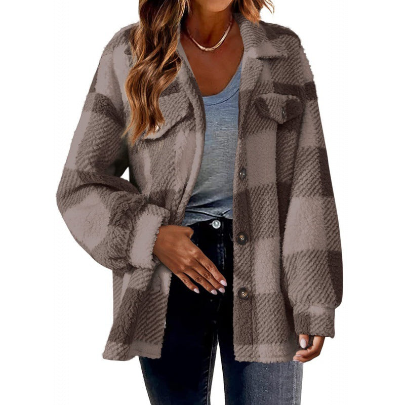 Ladies Plaid Plush Jacket with Snap Button Closure and Convenient Pockets Lune London