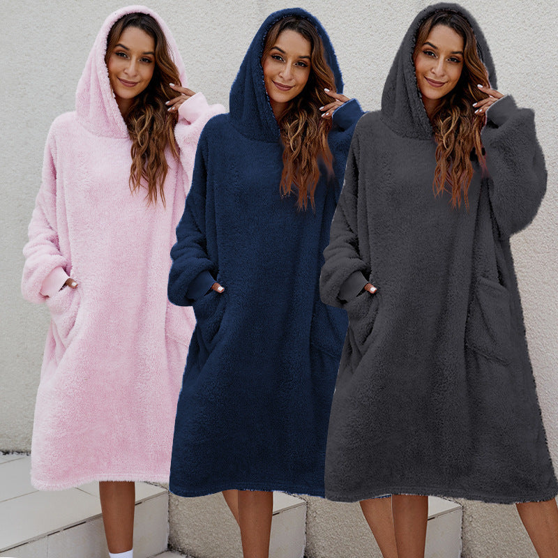 Comfortable fleece hoodie dress for women with practical pockets and large hood Lune London