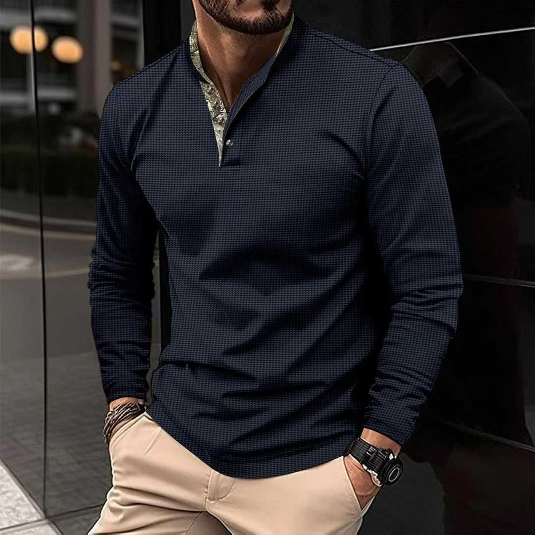 Men's long sleeve shirt with a modern stand collar and a subtle checked pattern Lune London