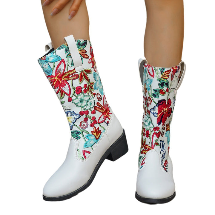 Women's cowboy boots with embroidered floral pattern and comfortable block heel Lune London