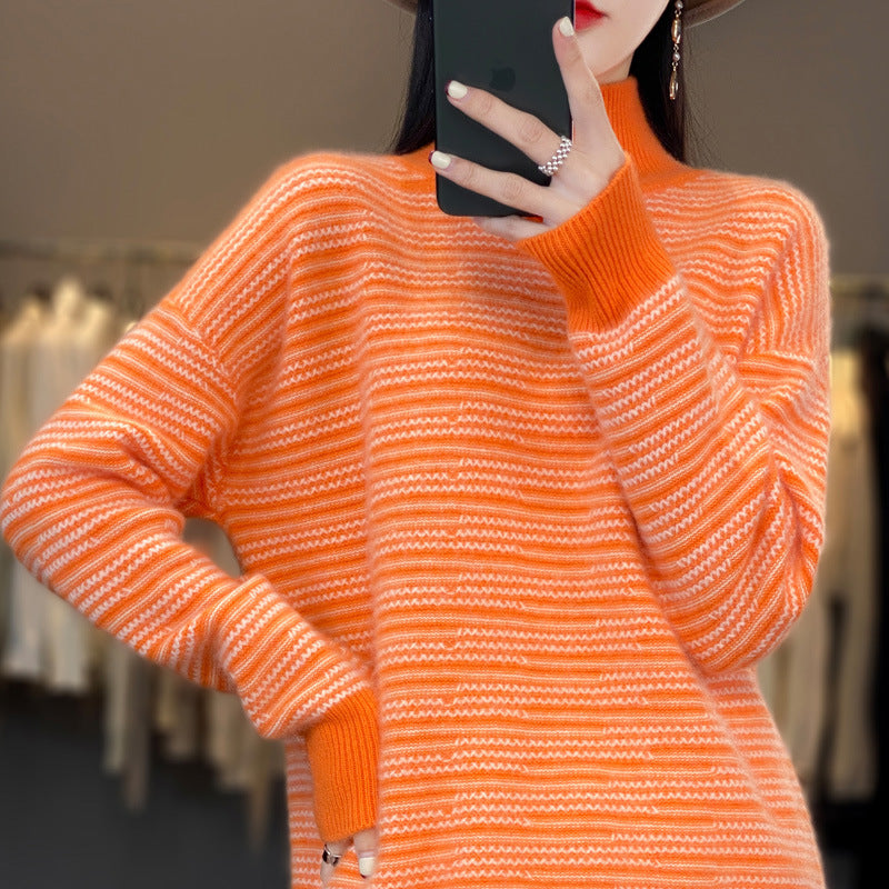 Pull en tricot pour femmes avec un motif à rayures moderne et des trous pour les pouces confortables Lune London