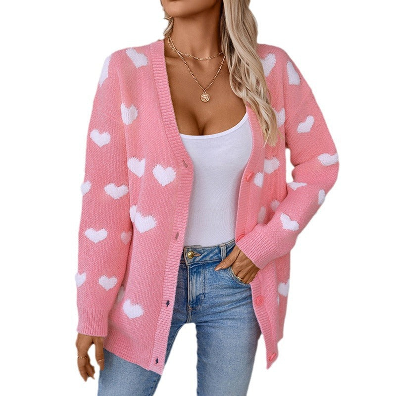 Comfortable cardigan for women with heart pattern and V-neck Lune London