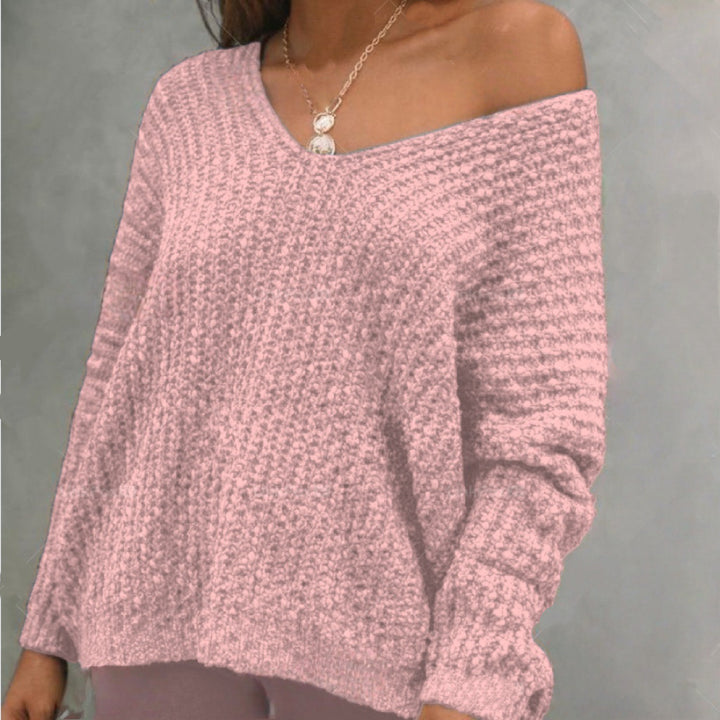 Casual knitted sweater for women with a wide V-neckline and off-the-shoulder style Lune London