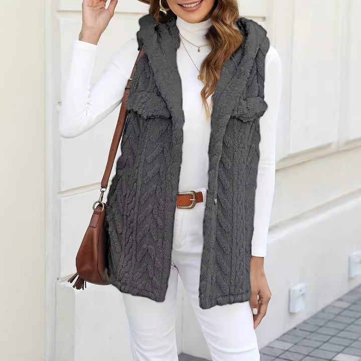 Lune London long knitted cardigan for women with hood and applied pockets