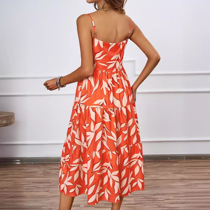 Ladies knee-length casual dress in modern layering design with colorful pattern