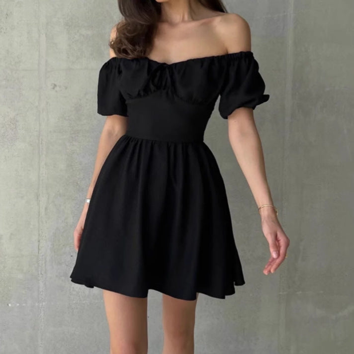 Off-shoulder mini dress for women with ruffled sleeves and bow at the waist Lune London