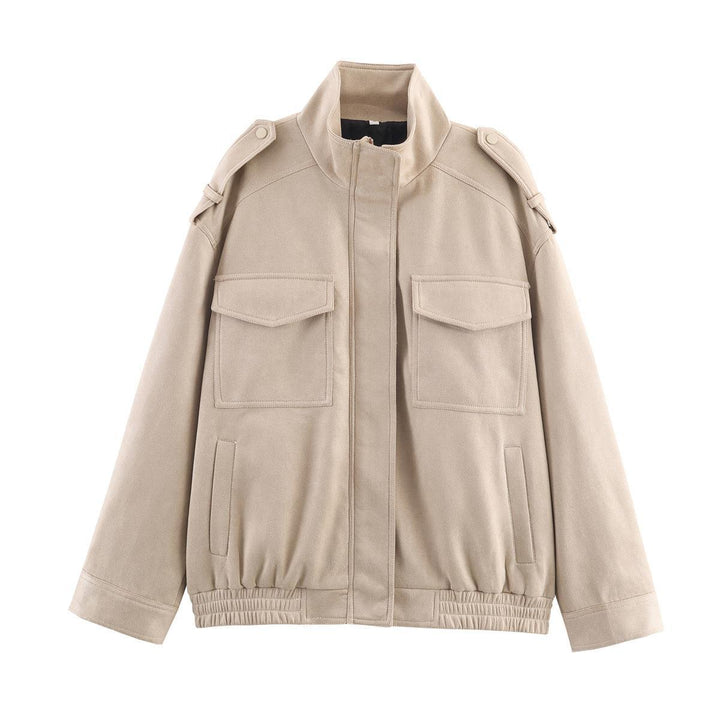 Faux leather jacket for women with practical flap pockets and modern high collar Lune London