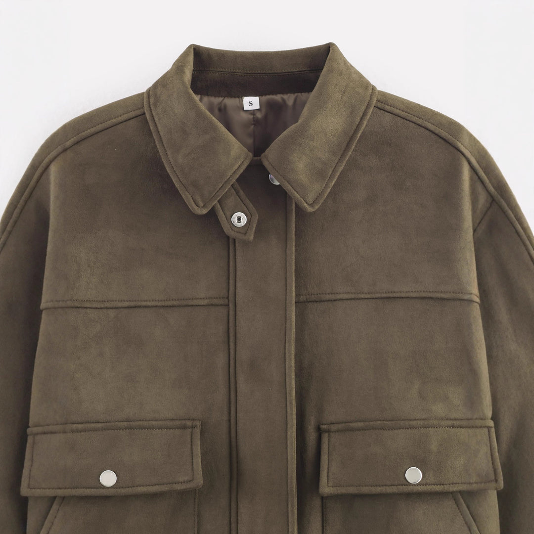 Veste courte pour femme en faux cuir doux avec poches pratiques