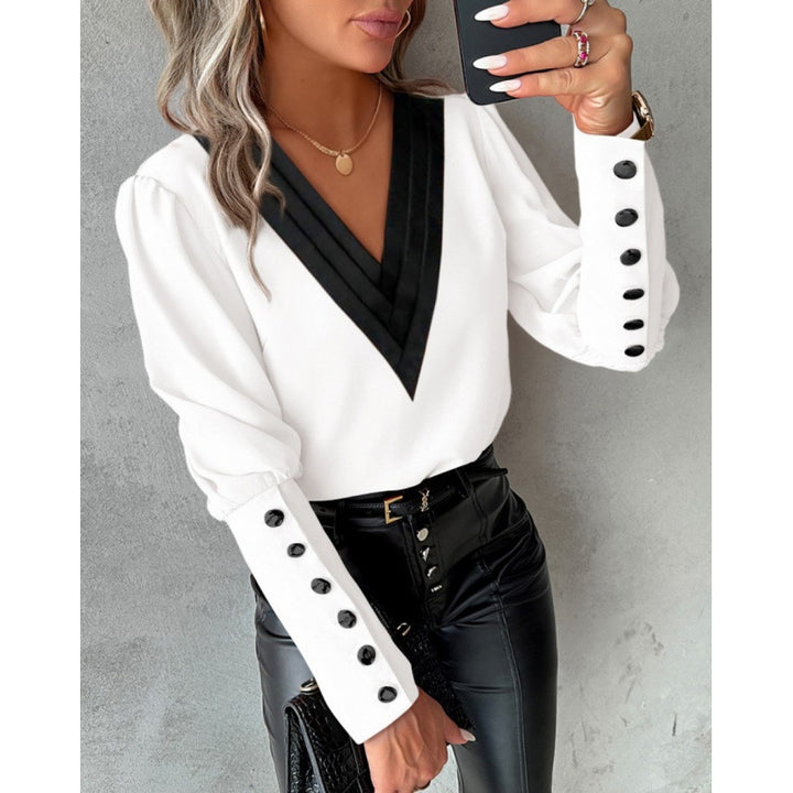 Women Elegant Blouse Cut with V Neck and Puff Sleeves Lune London