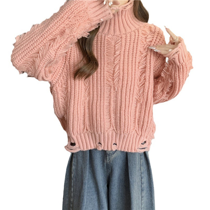 Pull en tricot épais pour femmes avec col montant et franges modernes Chic & Stil