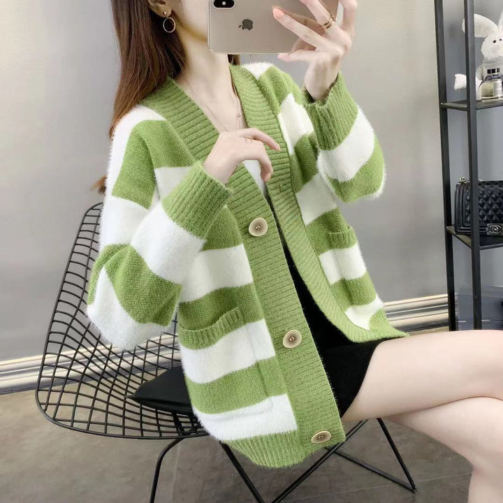 Thick knitted cardigan for women with Breton stripes and practical pockets Lune London
