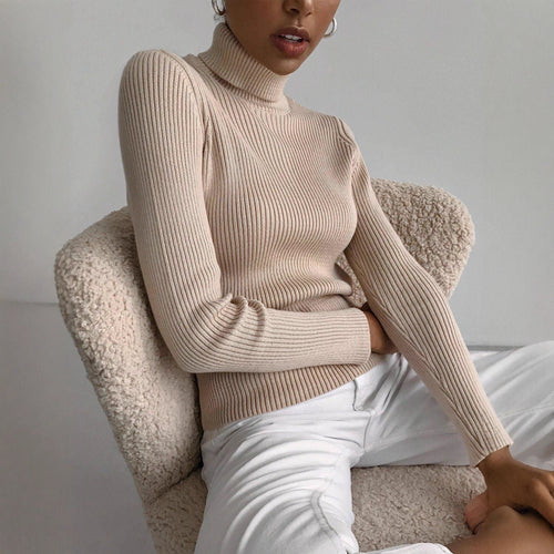 Elegant ribbed blouse for women with high collar and fitted cut Lune London