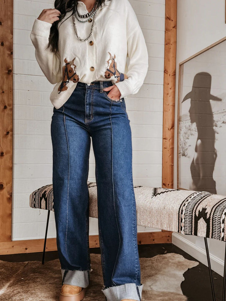 Women wide High-Waist jeans with unique contrast seams and casual look Lune London