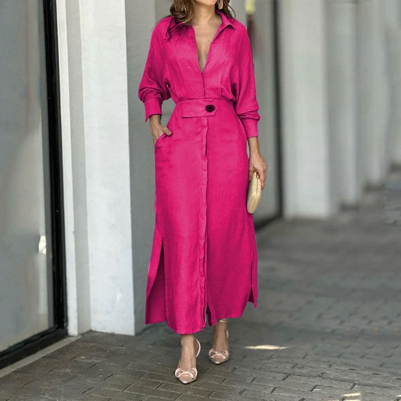 Light linen maxi dress for women with elegant button placket and practical side slits Lune London