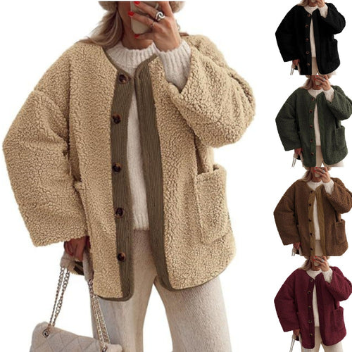 Ladies Cozy Teddy Jacket with Button Closure and Patch Pockets Lune London