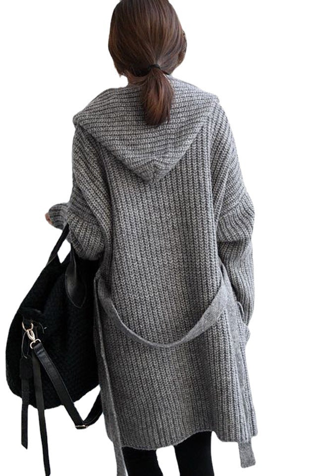 ladies plus knit long cardigan with hood and front openings Lune London
