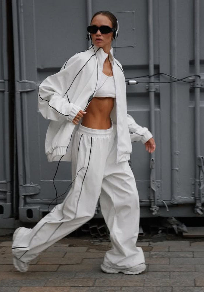Ladies Oversized Sport Jacket with Loose Pants and Chic Breathable Top