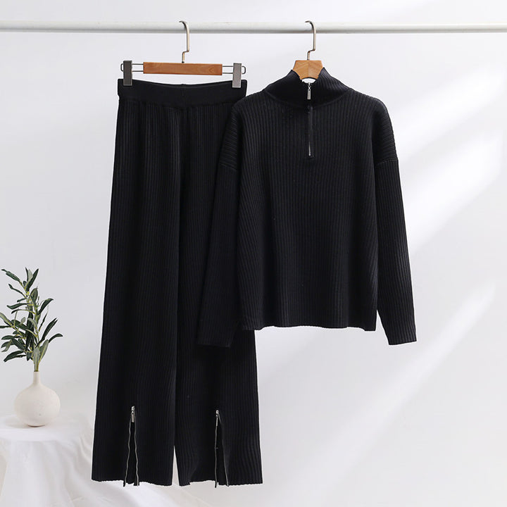 Casual knit set for women with a high collar and side slits Lune London