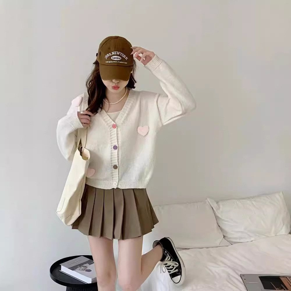 Women Comfortable Knit Jacket with Hearts and Colorful Button Details Lune London
