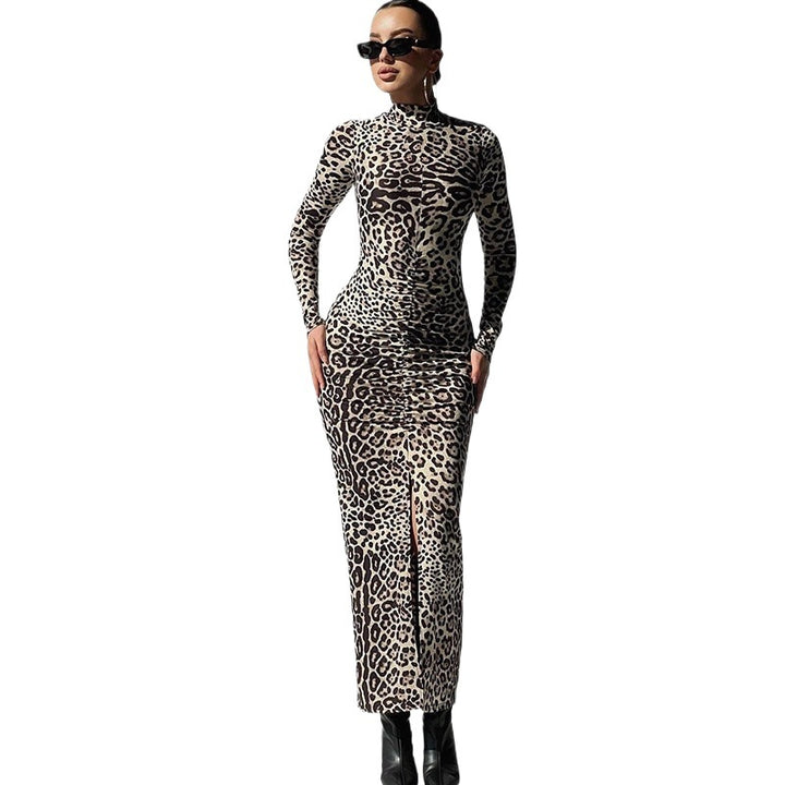 Fitted dress for women with high collar and slit Lune London
