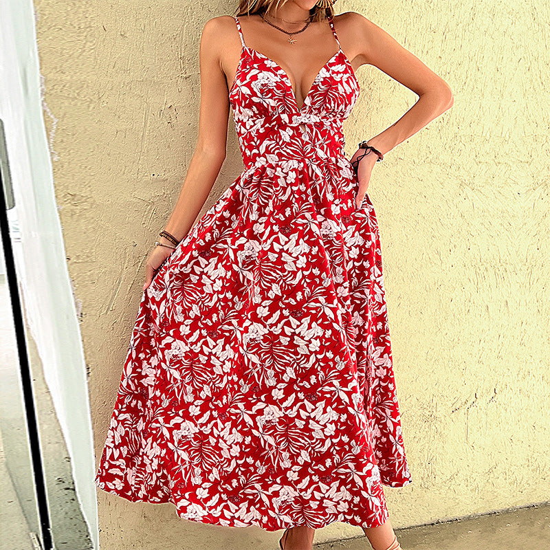 Elegant floral printed maxi dress for women with side slit and spaghetti straps Lune London