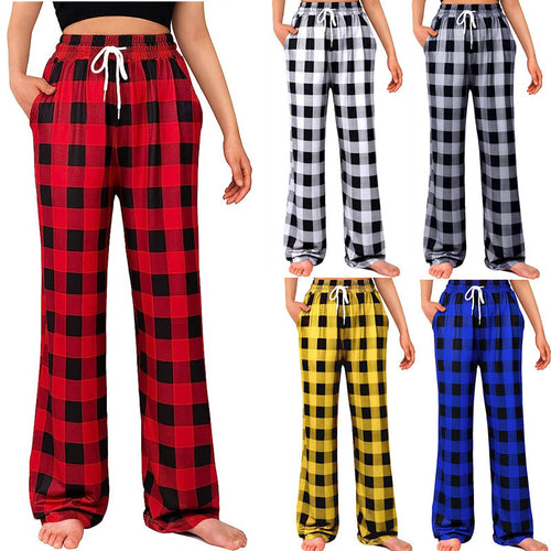Ladies Comfortable Checkered Pants with Elastic Waist and Side Pockets Lune London