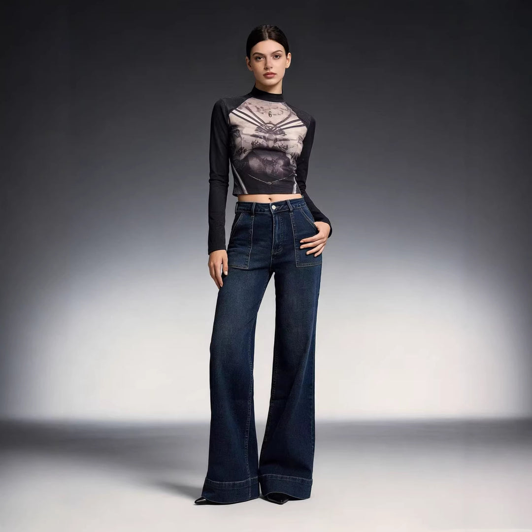 Ladies High-Waist Wide-Leg Trousers with Trendy Patch Lune London