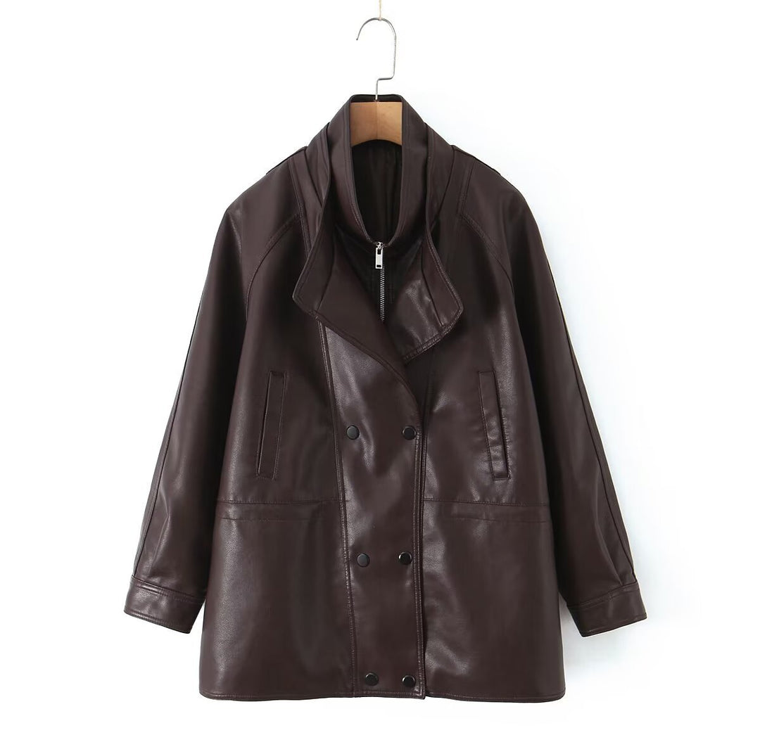 Faux leather jacket for women with large lapels and practical pockets Lune London
