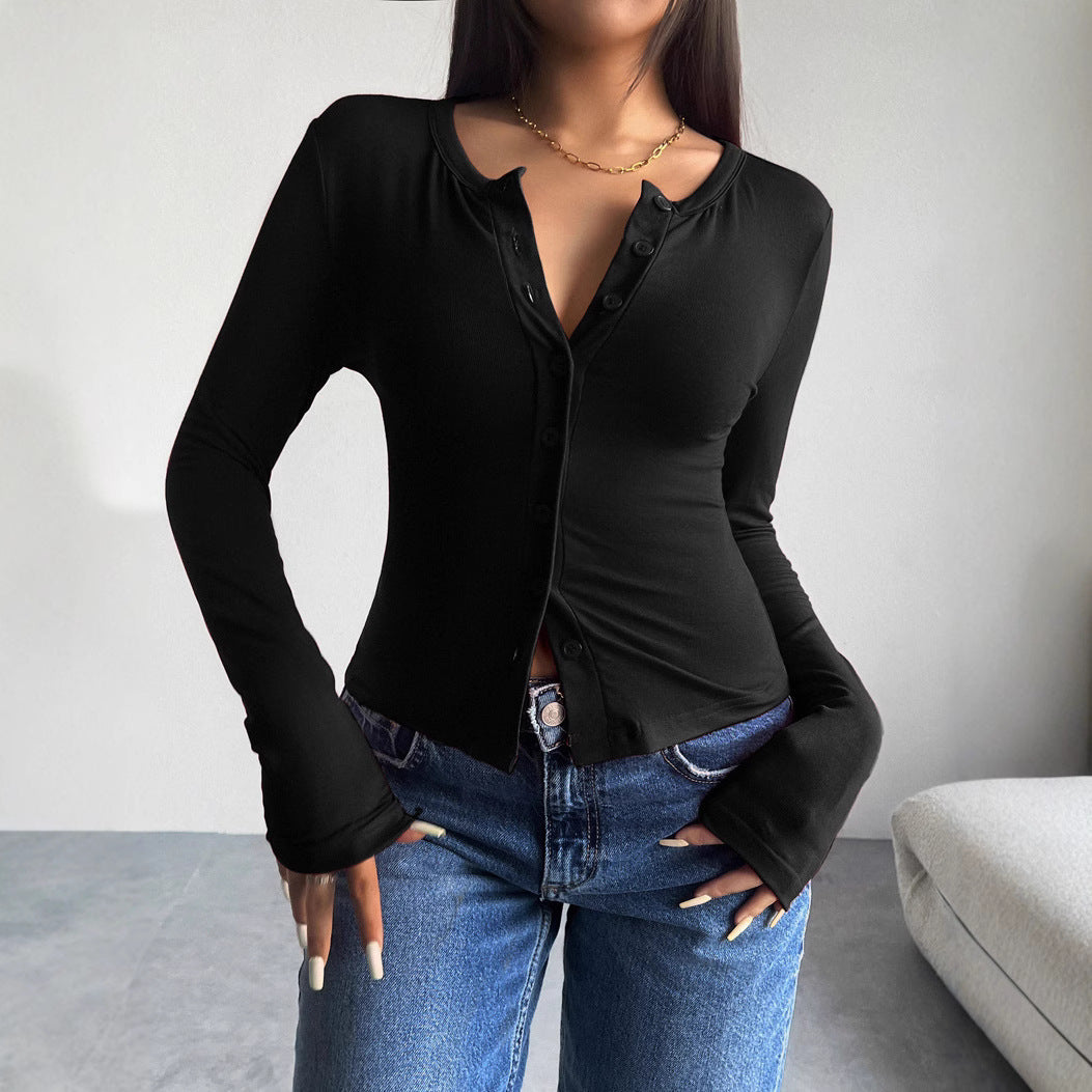 Women's long sleeve t-shirt with trendy button placket and flattering fit Lune London
