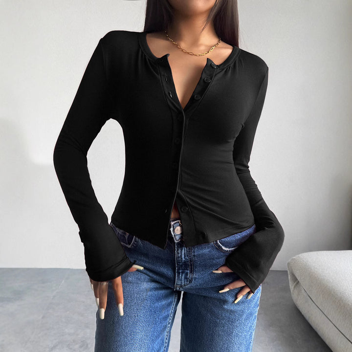 Women's long sleeve t-shirt with trendy button placket and flattering fit Lune London