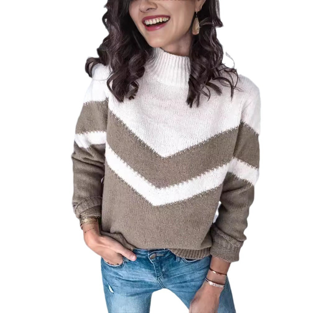 Pull en tricot pour femmes avec col en V et design chevron contrastant Chic & Stil