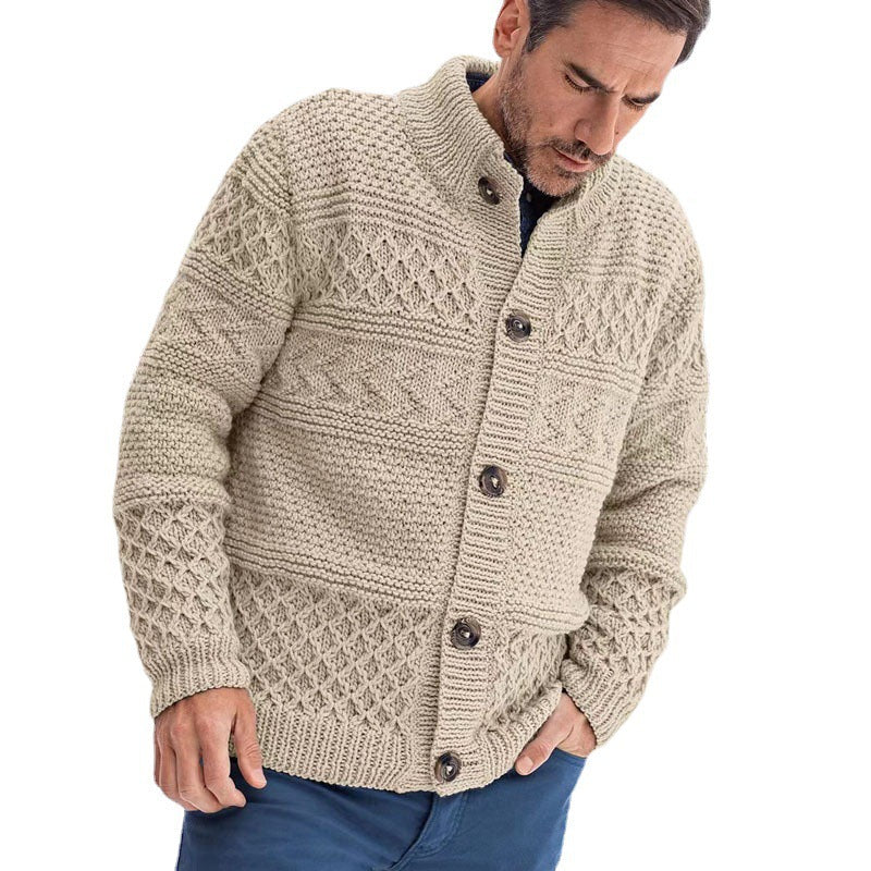 Knitted jacket for men with an elaborate cable pattern and a high collar Lune London
