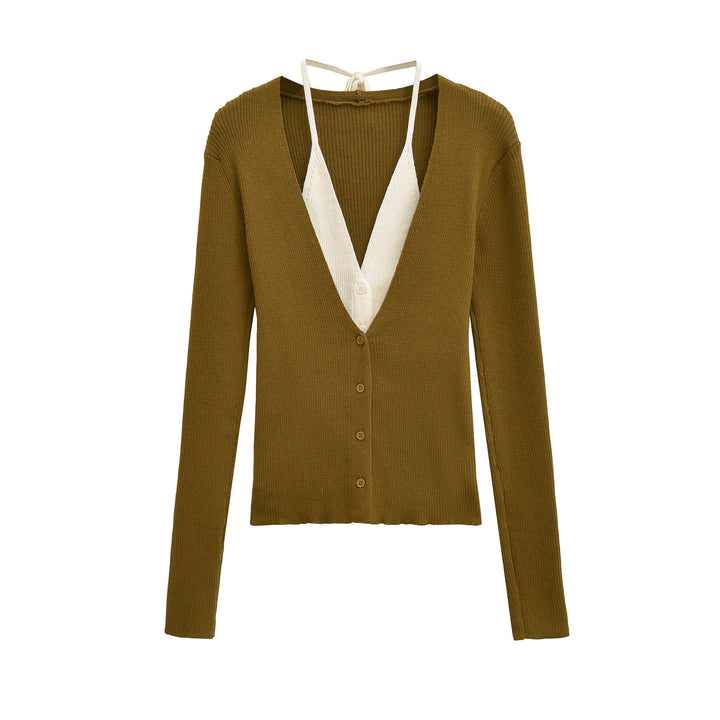Ladies elegant knitted cardigan with deep V-neck and contrasting lining Lune London