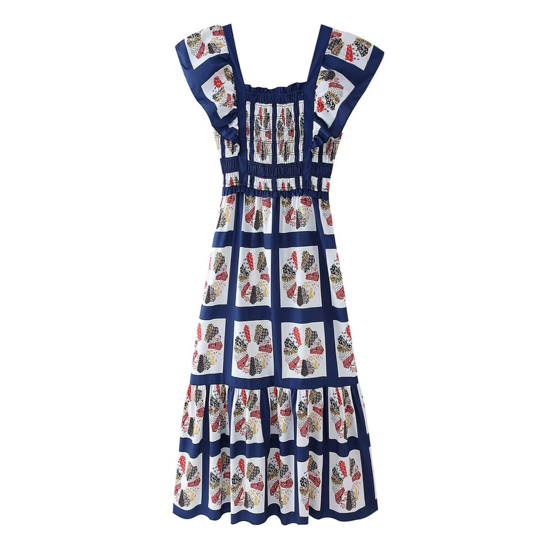 Maxi dress for women with refined ruffle details and a colorful printed design Lune London