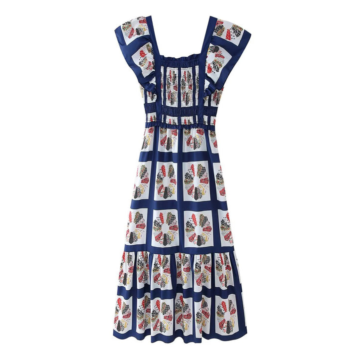 Maxi dress for women with refined ruffle details and a colorful printed design Lune London