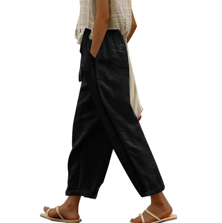 Palazzo pants for women with elastic waistband and tie belt on the side Lune London