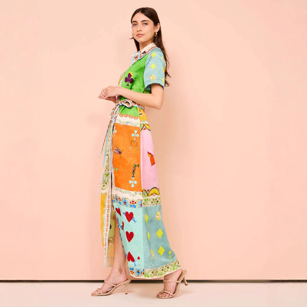 Maxi dress women in patchwork with colorful patterns and a belt at the waist Chic & Stil