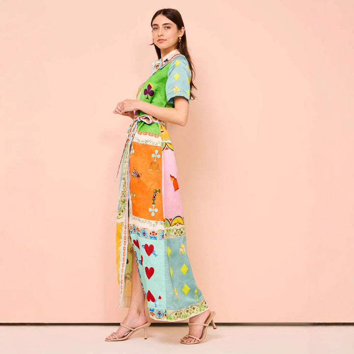 Maxi dress women in patchwork with colorful patterns and a belt at the waist Chic & Stil