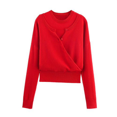 Short knitted sweater for women with button detail and V-neck Lune London
