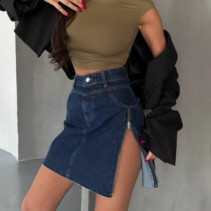 Denim skirt for women with asymmetrical hem and side zipper Lune London