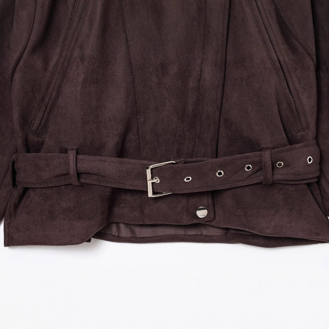 Elegant suede jacket for women with functional zips and a belt at the waist Lune London
