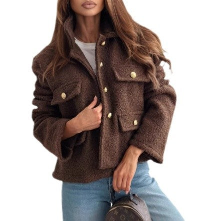 Ladies Plush Fleece Jacket with Decorative Pockets and Golden Buttons Lune London