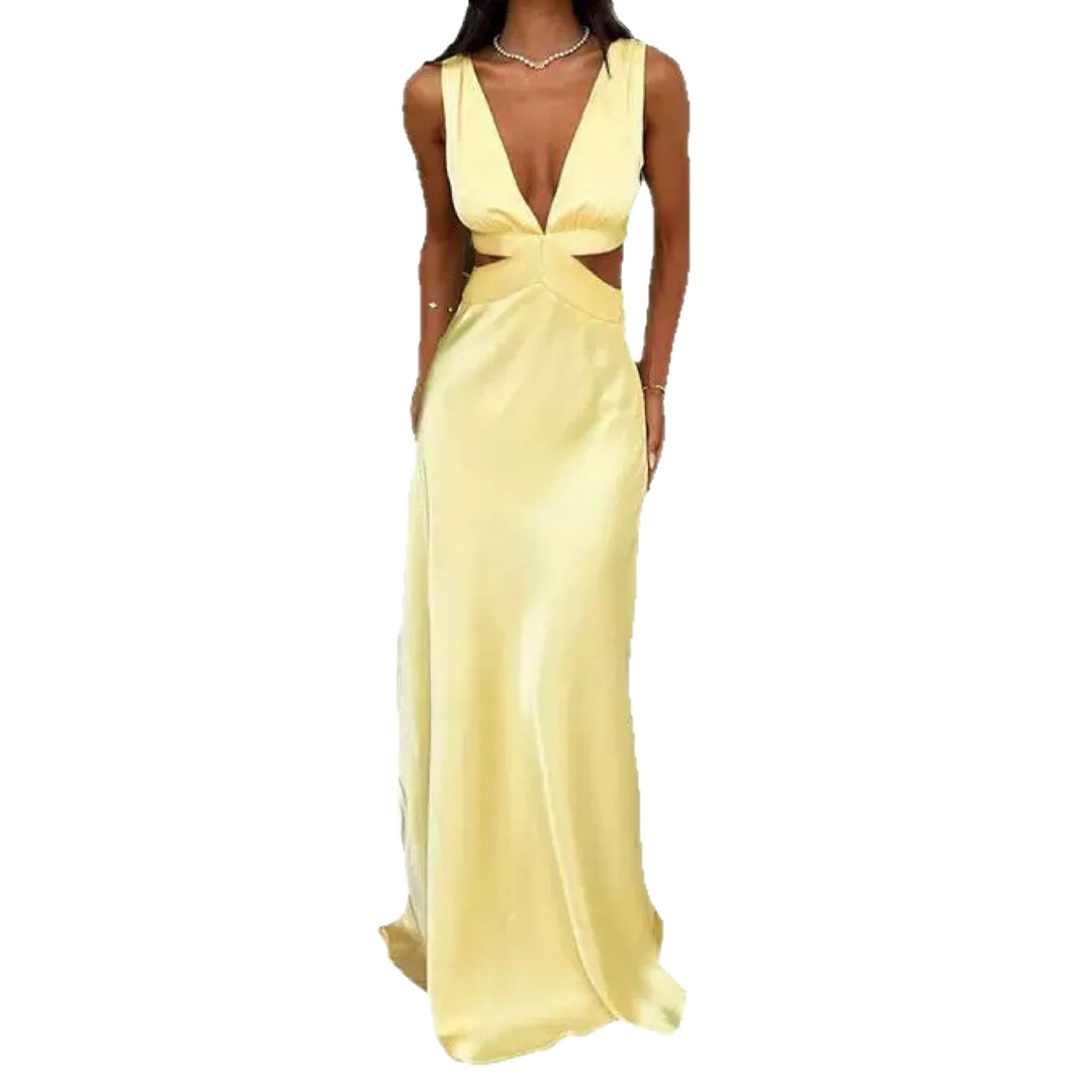 Women’s evening dress with deep V-neck and sophisticated cut-out details Lune London