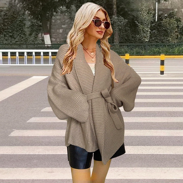 Women's chunky knit cardigan with wide shawl collar and tieable belt Lune Londonl