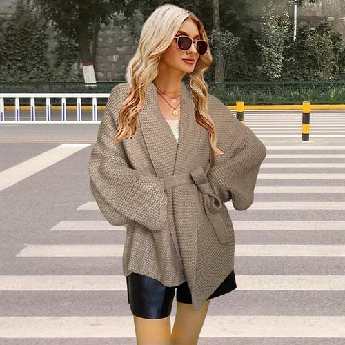 Women's chunky knit cardigan with wide shawl collar and tieable belt Lune Londonl